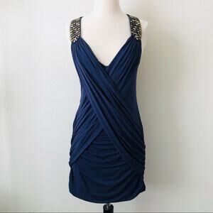 BCBGMaxAzria navy blue wrap crisscross mini dress embellished shoulder racerback
